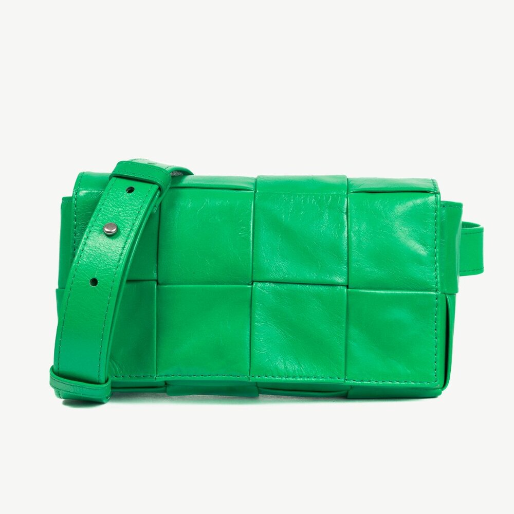 Bottega Veneta Cassette Mini Green Intreccio-Woven Belt Bag